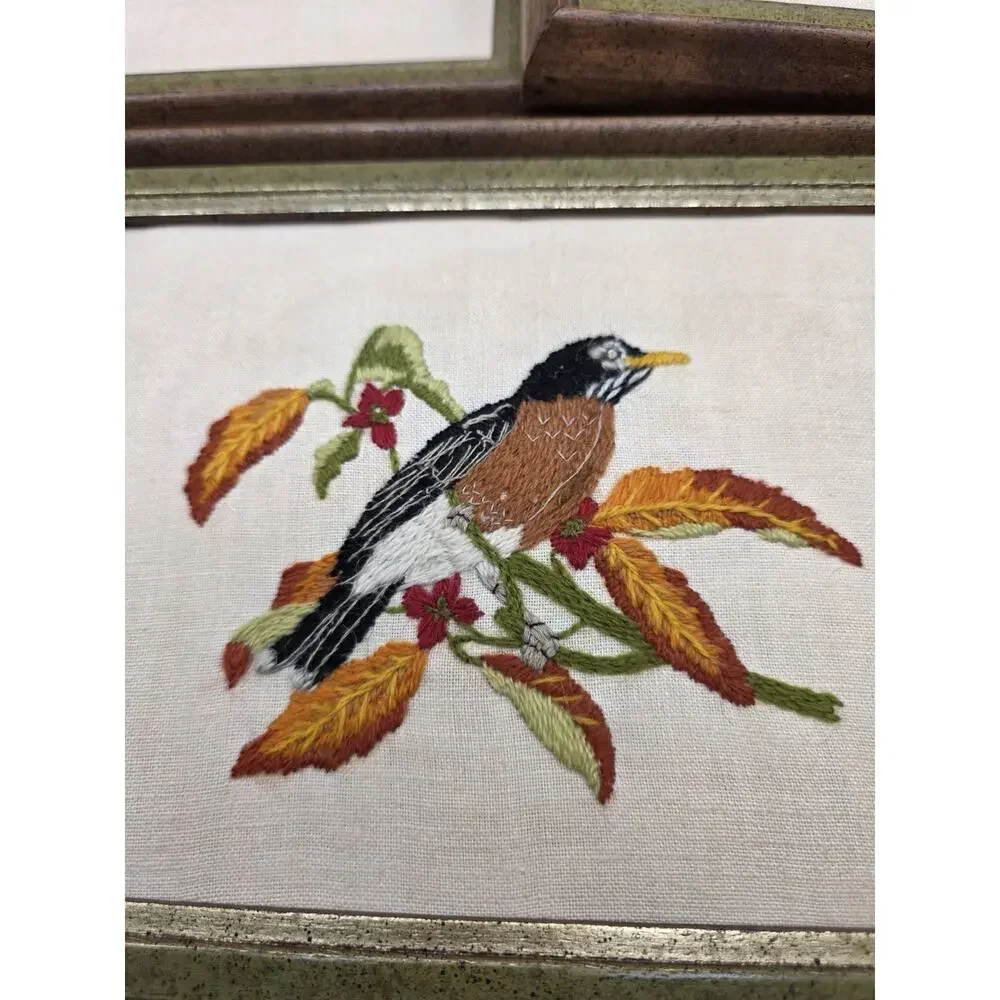 Vintage Framed Crewel Embroidery Bird Pictures Set of 3 Robin Oriole Bluebird...